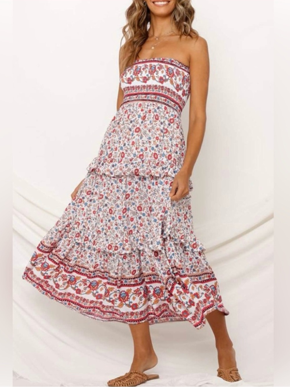 Zesica Strapless Floral Maxi Dress Long Length White Pink Blue Flowers Medium